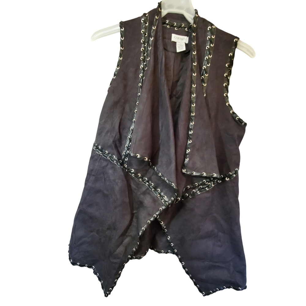 Carmen Marc Valvo Black Faux Suede Whipstitch Grommet Draped Vest Large